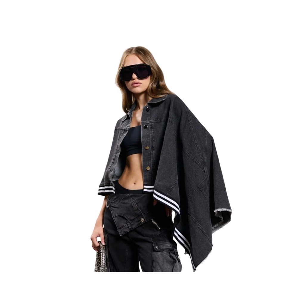 Akira Womens Asymmetric Denim Poncho Jacket Washed Black Striped Hem Small
